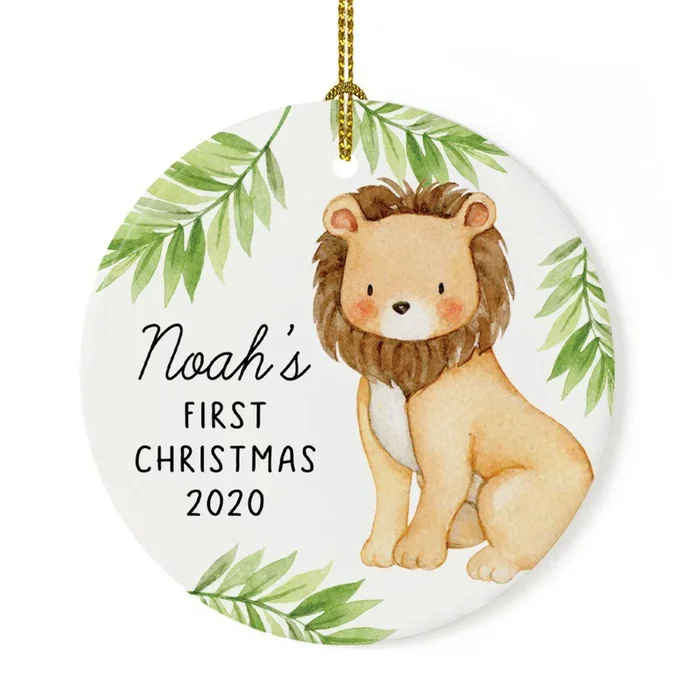 Custom Name Round Porcelain Baby’s Christmas Tree Ornament Gift, Watercolor LionSet of 1