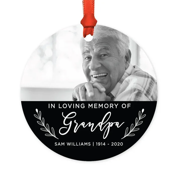 Custom Photo Memorial Round Metal Christmas Tree Ornament Keepsake, In Loving MemorySet of 1