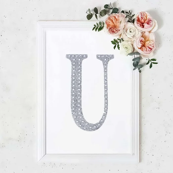 Decorative Rhinestone Alphabet “U” Letter Stickers, Glitter Adhesive Craft Letters Silver DIY Sparkle Embellishments 8″Decorations