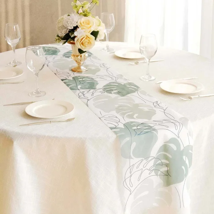 Disposable Table Runner 11″x108″ White with Green Monstera Palm Leaves Print – Non-woven Stylish Spring Summer Dining DecorRunners