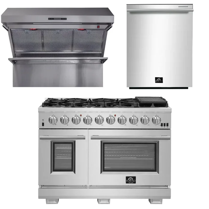 FORNO Appliance Package – 48 Inch Pro Gas Range, Wall Mount Range Hood, Dishwasher, AP-FFSGS6260-48-2