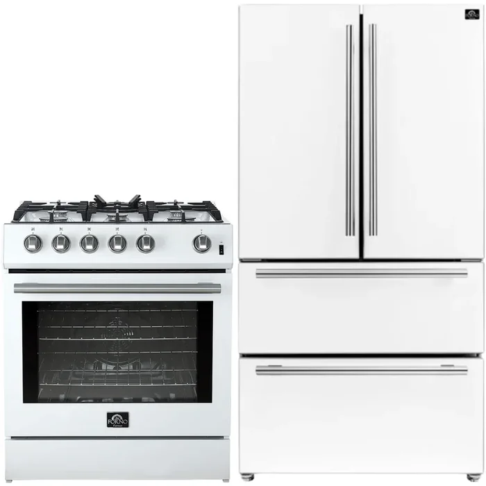 FORNO Espresso Package – 30″ Gas Range and 36″ Refrigerator with Ice Maker in White with Silver Accents