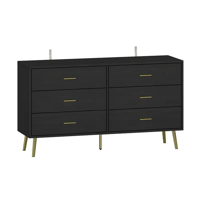 FUFU&GAGA Contemporary 6-Drawer Double Dresser with Gold-Tone Pulls, Black Finish, 54-inch Wide, Composite Material, Modern Style, (54″ W x 15.7″ D x 29.9″ H), Black