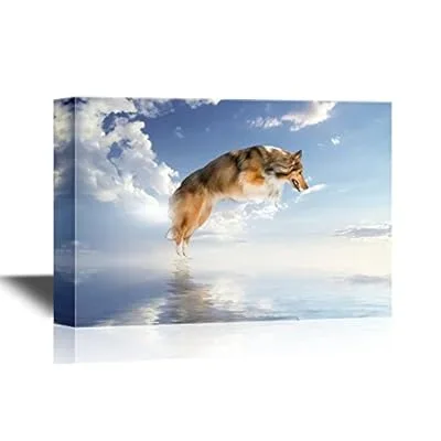 Funny Flying Animals Canvas Wall Art – A Dog Flying Above The Water – Gallery Wrap Nursery Wall Decoration/Kids’ Room Art | Ready to Hang – 24×36 inches