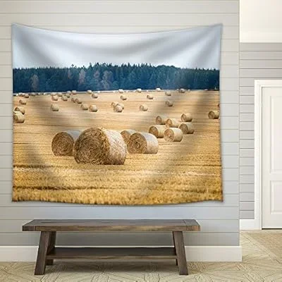 Hay Bales on The Field After Harvest – Fabric Wall Tapestry Home Decor – 68×80 inches