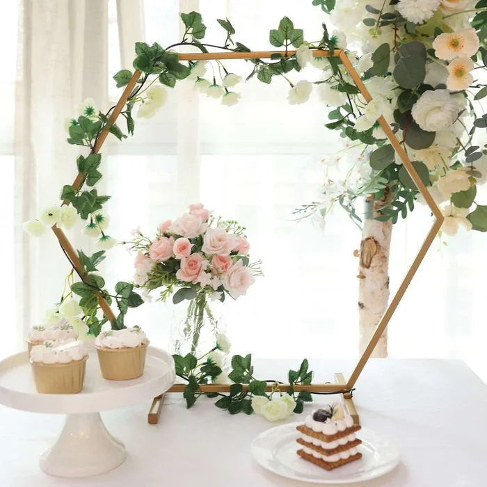 Hexagon Wedding Arch Table Centerpiece Metal Gold – Self-Standing Geometric Flower Balloon Stand 21″Centerpieces