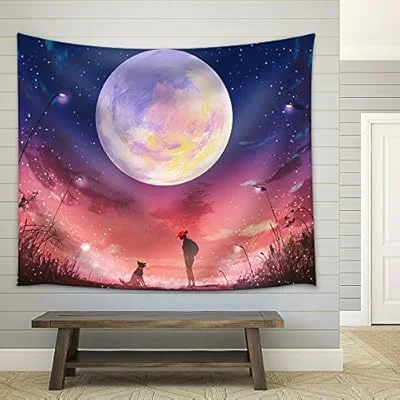 Illustration – Young Woman with Dog at Beautiful Night with Huge Moon Above,Illustration Painting – Fabric Wall Tapestry Home Decor – 68×80 inches