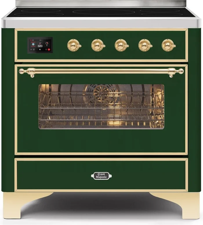 ILVE Majestic II 36″ Induction Range with Element Stove and Electric Oven in Emerald Green with Brass Trim, UMI09NS3EGG