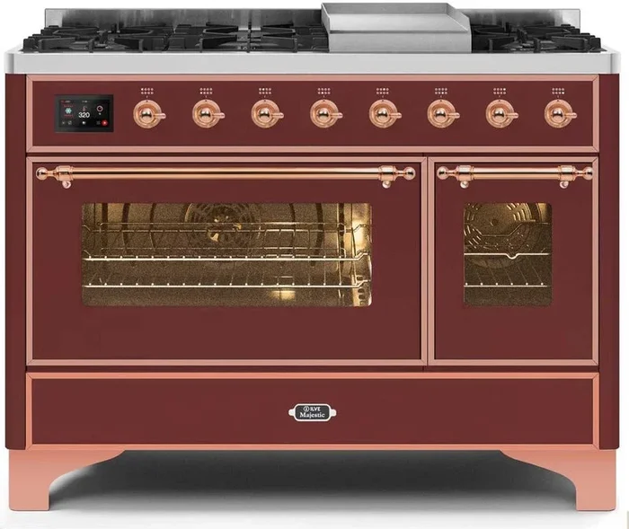 ILVE Majestic II 48″ Dual Fuel Propane Gas Range in Burgundy with Copper Trim, UM12FDNS3BUPLP
