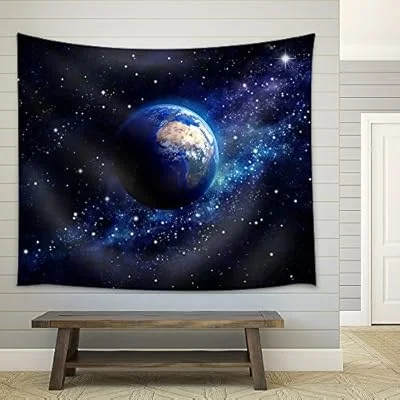 Imaginary View of Planet Earth in a Star Field. Elements of This Image furnished by NASA – Fabric Wall Tapestry Home Decor – 51×60 inches