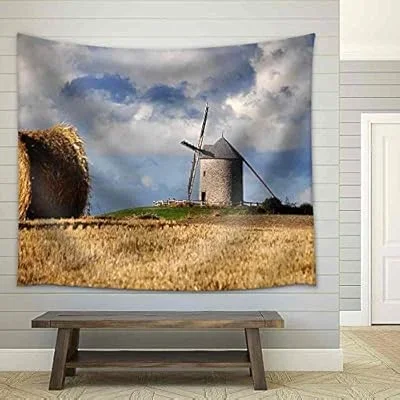 Le Moulin De Moidre, Old Windmill Near Mont-Saint-Michel in France – Fabric Wall Tapestry Home Decor – 68×80 inches