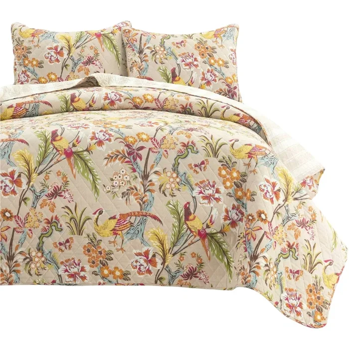 Lightweight 3-Piece Polyester Quilt Set with Peacock Birds and Floral Design, Cozy Bedding