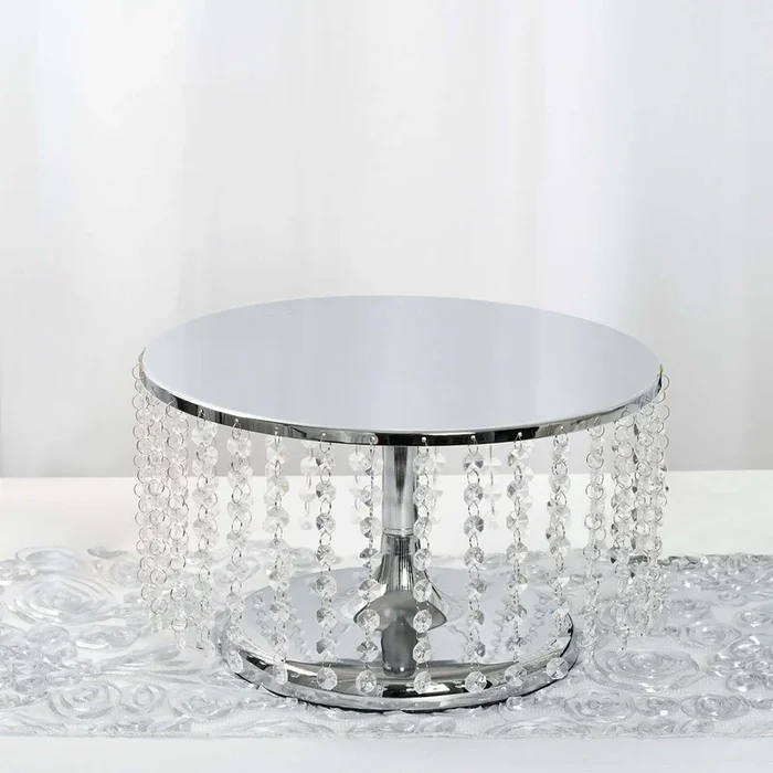 Metal Cake Stand Round Design Metallic Silver with Crystal Chains 14″ Dia – Cupcake Dessert Pedestal 8″ TallCake Stands
