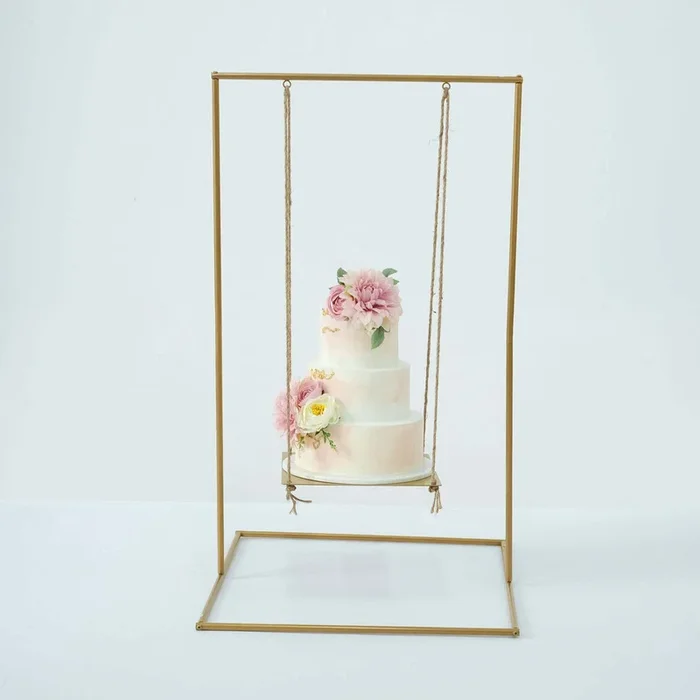 Metal Cake Swing Stand with Jute Rope Gold – Chic Hanging Dessert Display Centerpiece for Upscale Event Table Decor 3ft TallCake Stands