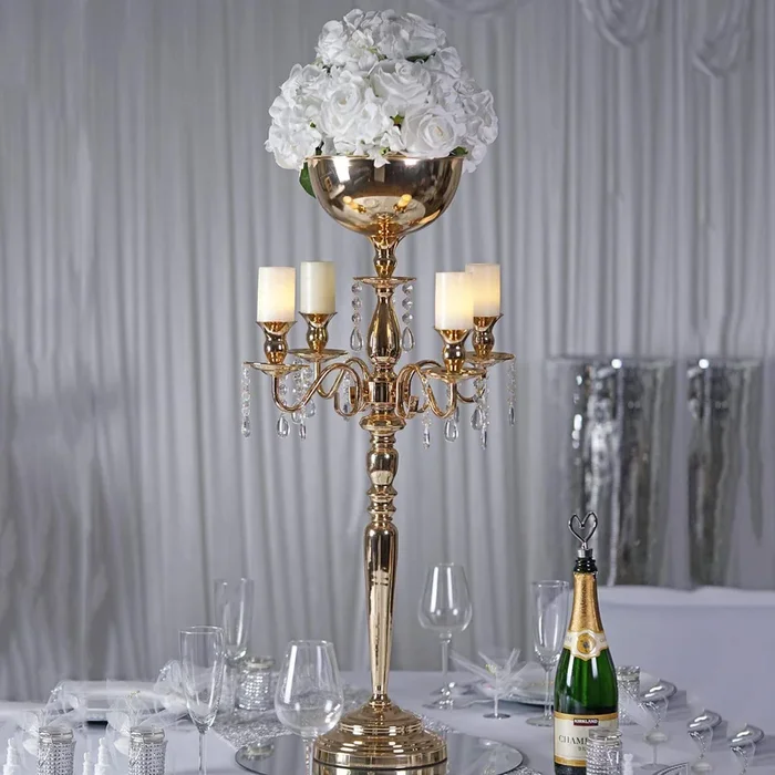 Metal Candelabra 4 Arm Design Gold with Flower Vase Bowl – Table Centerpiece for Weddings 33″Centerpieces