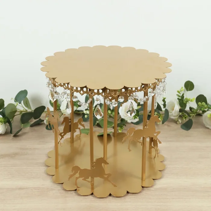 Metal Round Pedestal Cake Stand Gold Carousel Design with Hanging Acrylic Beads for Cupcakes & Pastries 14″Cake Stands