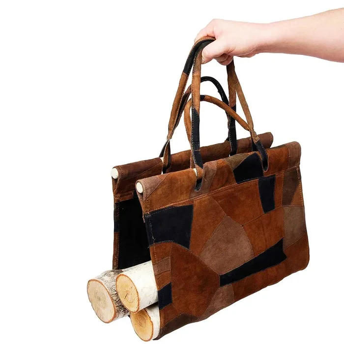 Patchwork Open End Log Carrier with Leather HandlesHearth