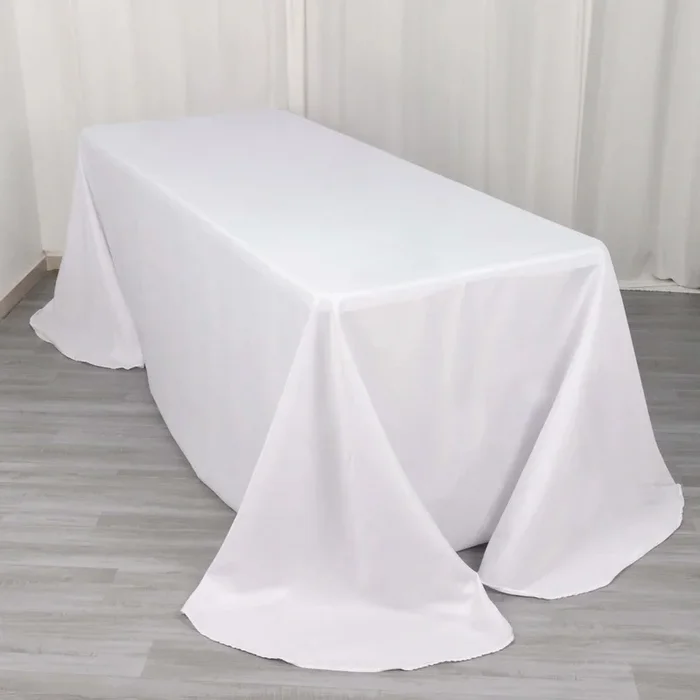 Polyester 90″x132″ Rectangle Tablecloth White – Rounded Corners and Seamless Design for Sophisticated GatheringsTablecloths