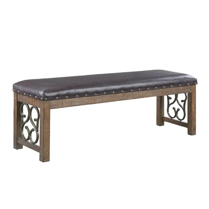 Ral 56 Inch Solid Wood Padded Bench, Metal Scroll Design, Nailhead, Brown – Benzara