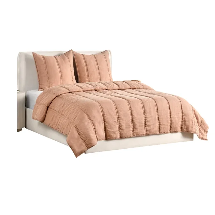 Rawi 3 Piece Queen Quilt Set, Channel Stitched Clay Ramie, Cotton – Benzara
