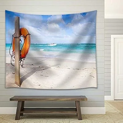 Red Round Life Buoy Hanging on Wooden Pole, Empty Sandy Beach of Dominican Republic – Fabric Wall Tapestry Home Decor – 68×80 inches