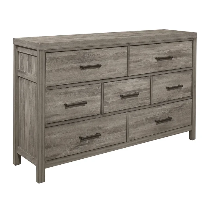 Rie 59 Inch Dresser, 7 Drawers, Weathered Gray Melamine Laminate – Benzara