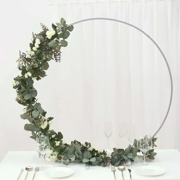 Round Wedding Hoop Table Centerpiece Metal Silver – Self-Standing Floral Wreath Frame for Events 36″Centerpieces