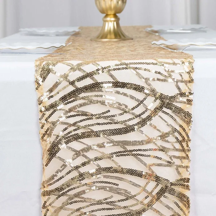 Sequin Mesh 12″x108″ Table Runner Champagne Stylish Wave EmbroideryRunners