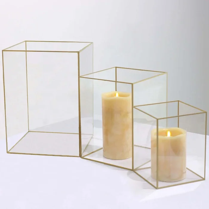 Set of 3 Candle Holders Acrylic Flower Display Boxes with Gold Rims Clear – Decorative Pillar Centerpieces 6″, 8″, 10″Vases
