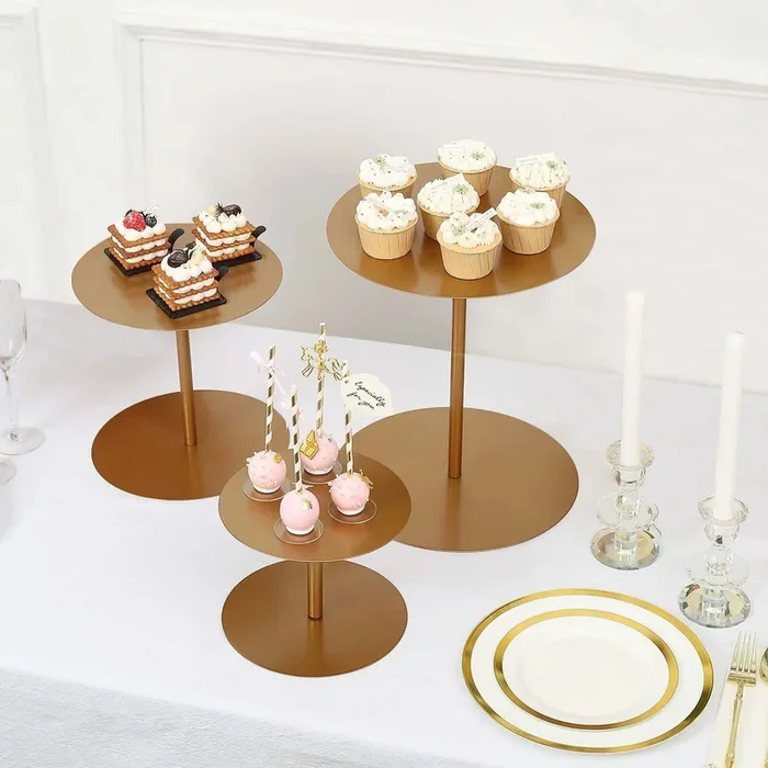 Set of 3 Metal Pedestal Cake Stands Heavy Duty Round Design Gold – Cupcake Dessert Display Props 8″, 10″, 12″Cake Stands
