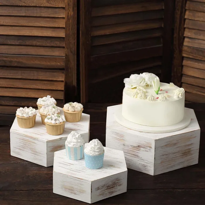 Set of 3 Wooden Dessert Display Boxes Whitewashed Hexagonal Design – Stackable Riser Cake Stand 9″, 11″, 13″Cake Stands