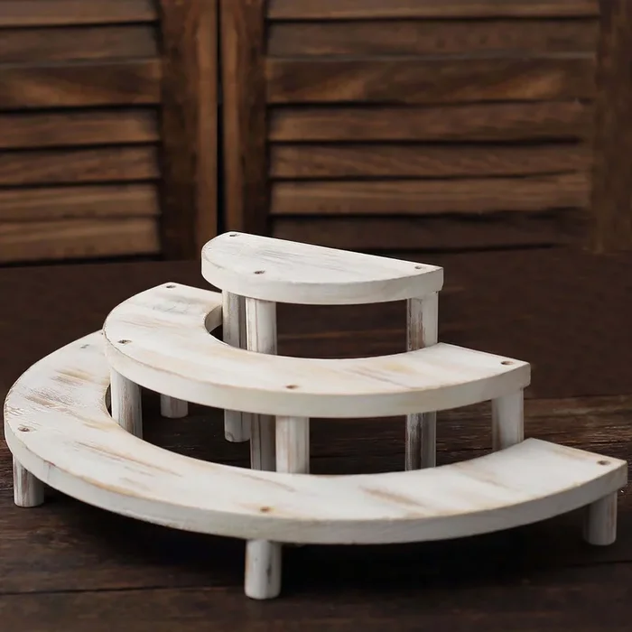 Set of 3 Wooden Dessert Pedestals Rustic Whitewashed 3-Tier Semicircle Design – Half Moon Cupcake Display Risers 7″, 13″, 18″Cake Stands