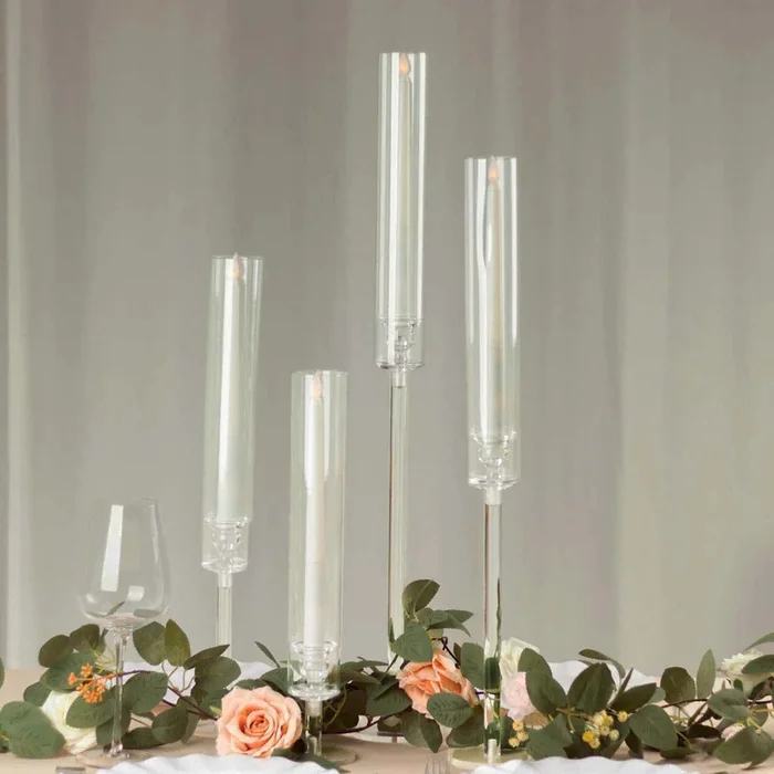 Set of 4 Acrylic Taper Candlestick Holders, Clear Tall Chimney Tube Candle Shades Hurricane Candle Stands 14″, 18″, 22″, 26″Centerpieces