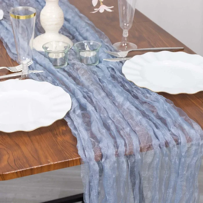 Sheer Crinkled Organza 9ft Table Runner Dusty Blue – Rustic Chiffon LookRunners