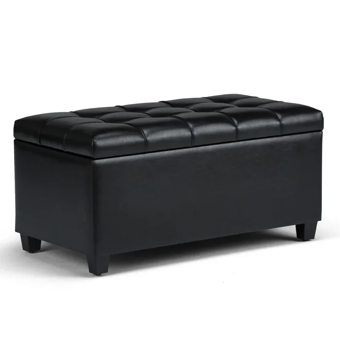 Sienna 34 inch Wide Transitional Rectangle Storage Ottoman Bench in Midnight Black Faux Leather