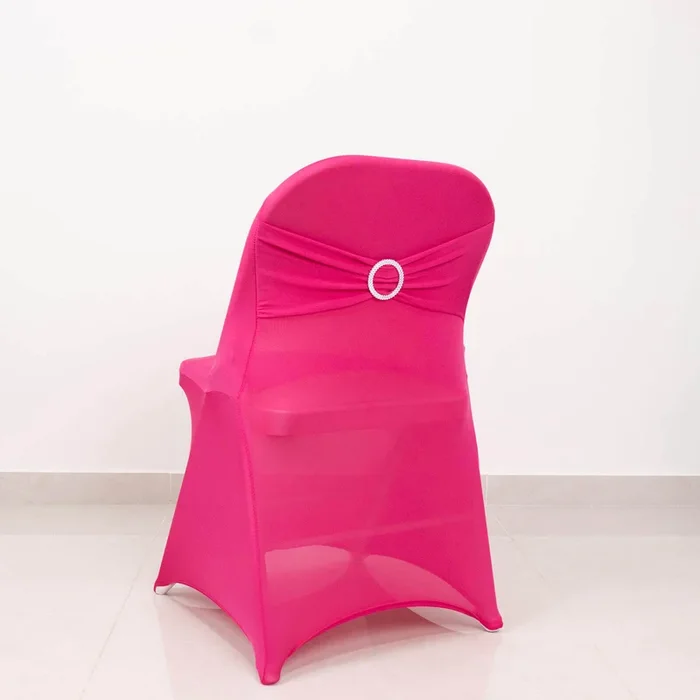 Stretch Spandex Chair Cover Fuchsia for Folding Chairs – Secure Fit Slipcover with Silver Rhinestone Buckled Sash BandChair Covers