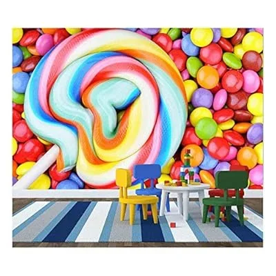 Striped Lollipop and Multicolored Smarties – Removable Wall Mural | Self-Adhesive Large Wallpaper – 66×96 inches