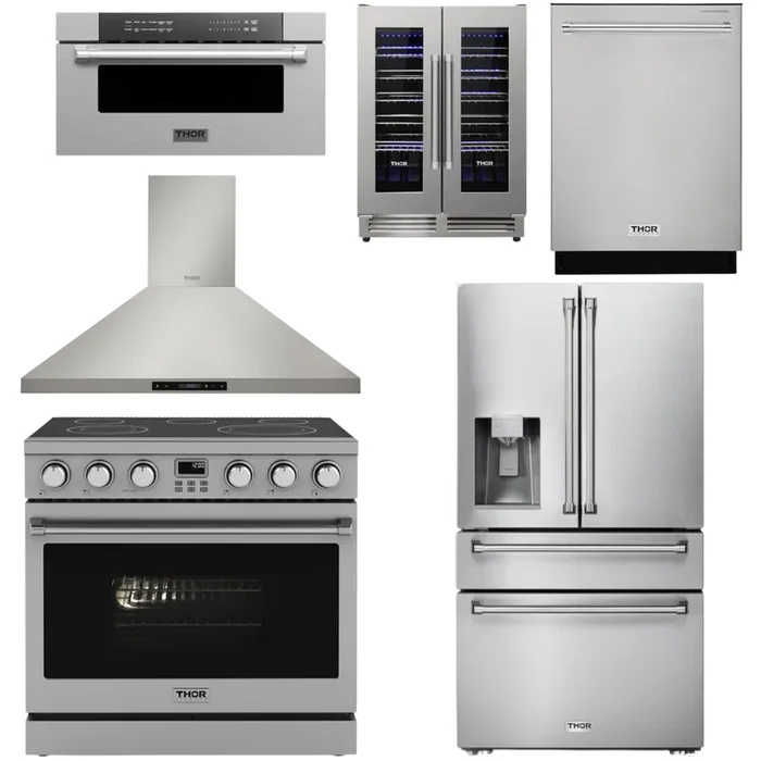 THOR Contemporary Package – 36″ Electric Range, Range Hood, Refrigerator, Dishwasher, Microwave and Wine Cooler, AP-ARE36-C138