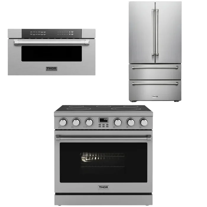THOR Contemporary Package – 36″ Electric Range, Refrigerator and Microwave, AP-ARE36-C35