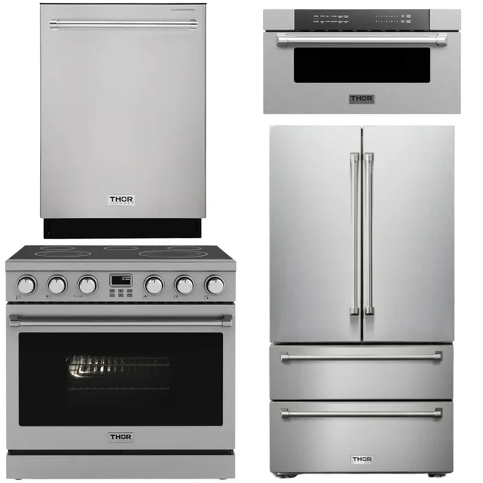THOR Contemporary Package – 36″ Electric Range, Refrigerator, Dishwasher and Microwave, AP-ARE36-C75