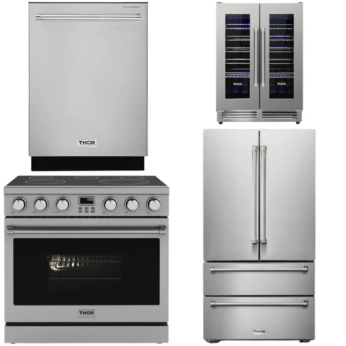 THOR Contemporary Package – 36″ Electric Range, Refrigerator, Dishwasher and Wine Cooler, AP-ARE36-C80