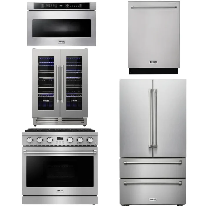 THOR Contemporary Package – 36″ Gas Range, Refrigerator, Dishwasher, Microwave and Wine Cooler, AP-ARG36-A125