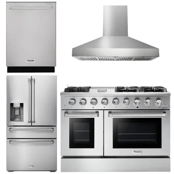 THOR Kitchen Package – 48″ Gas Range, Range Hood, Refrigerator with Water and Ice Dispenser, Dishwasher, AP-HRG4808U-W-7