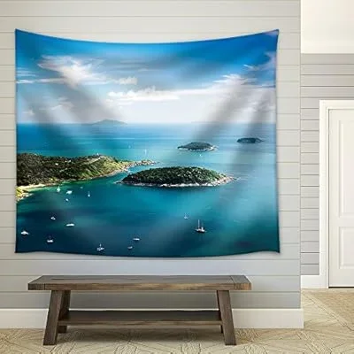 Tropical Ocean Landscape with KOH Kaeo Island at Turquoise Ocean Waives with Boats Near Ya NUI Beach. – Fabric Wall Tapestry Home Decor – 68×80 inches