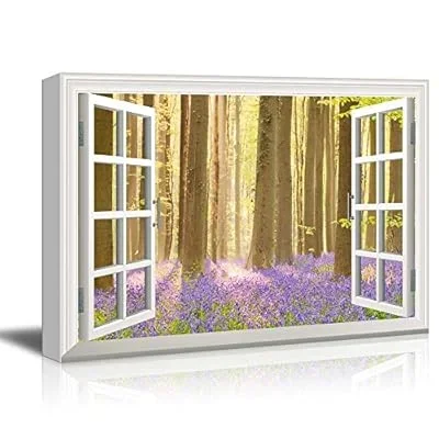 Window View Canvas Wall Art – Trees with Purple Flowers – Giclee Print Gallery Wrap Modern Home Art Ready to Hang – 24×36 inches