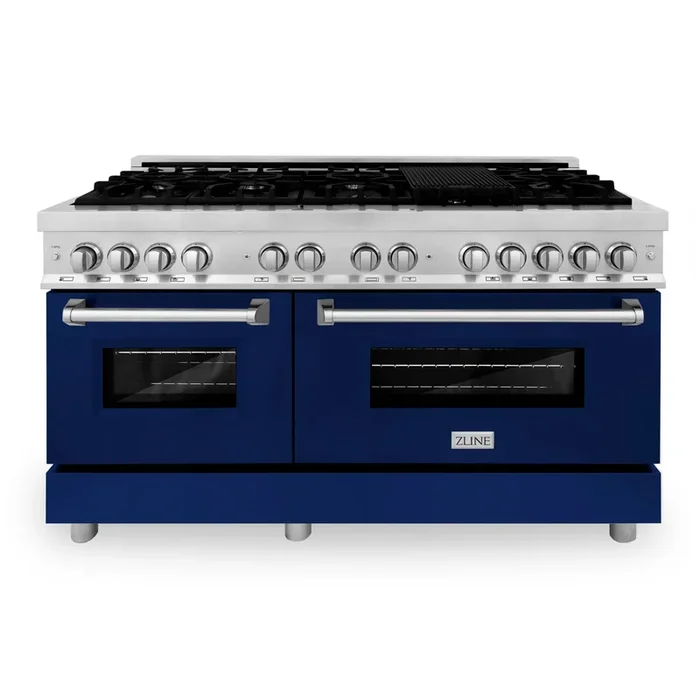 ZLINE 60 In. Professional Dual Fuel Range in Stainless Steel with Blue Gloss Door, RA-BG-60