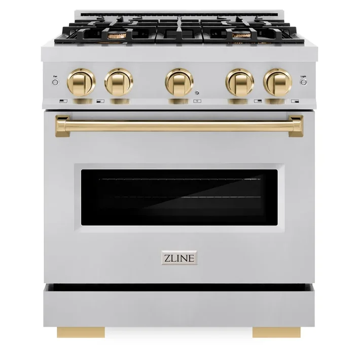 ZLINE Autograph 30″ 4.2 cu. ft. Classic Gas Range with 4 Burners in Stainless Steel and Polished Gold Accents, CGRZ-30-G